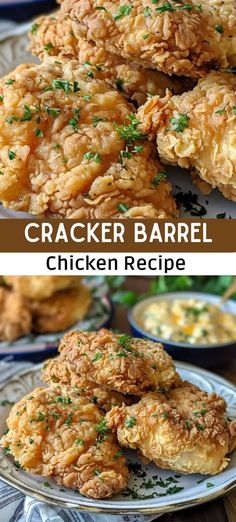 two pictures of chicken and cheese on plates with the words cracker barrel chicken recipe