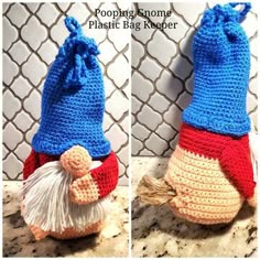 crocheted gnome hat with red, white and blue trim