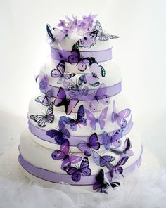 a wedding cake with purple butterflies on it