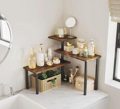 three shelves in the corner of a bathroom