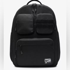 a black backpack with two pockets on the front