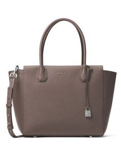 Classic sophistication translates into practical polish with spacious Mercer satchel. Made from luxuriously textured pebble leather, the Mercer can be worn on your arm by its double handles, or as a crossbody or shoulder bag by its long, slim detachable strap.Pebble leather; lining: polyesterLarge sized bag; 17-1/2"W x 11"H x 6-1/2"D7-1/2"L double handles; 17"L-19-1/2"L adjustable and detachable strapTop-zip closureExterior logo, feet and lock charm1 interior zip pocket and 1 slip pocketLaptop c Luxury Satchel With Leather Lining And Double Handle, Luxury Double Handle Satchel With Lock, Michael Kors Mercer, Womens Designer Handbags, Satchel Handbags, Handbags Michael Kors, Grey Leather, Leather Satchel, Michael Kors Jet Set