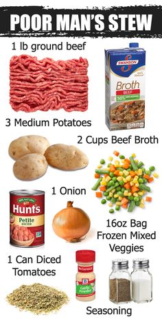 an image of food that includes meat, potatoes and other items to make the meal