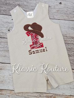 Priority mail does not rush your order. This adorable shortall/ longall/bubble is adorned with a cowboy or western themed number  and cowboy hat applique.  It can be personalized with child's name in a western font.  If you'd like to customize the color combination, please message me with your request.  Item is fully lined, buttons at the shoulders and snaps at the crotch for easy diapering. Sizes 3T and 4T do not have snaps unless you request them.  It is made to order by seller in a smoke free Western 1st Birthday Party Boy, Cowboy 1st Birthday Party, 1st Rodeo, Rodeo Birthday Parties, Western Font, Rodeo Birthday, Twin First Birthday, Party Themes For Boys, Jon Jon