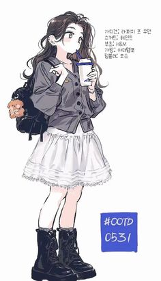 a drawing of a girl holding a coffee cup