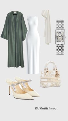 a woman's outfit and accessories including shoes, purses, watch and necklace