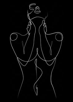 a drawing of a woman's torso in white lines on a black background,