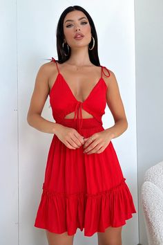 Have you ever seen a cuter dress? The Primerose dress in the fire Red fabrication is a show stopper. This babe features plunging v-neckline with tie up bust and straps, elasticated waist, a flowing skirt and is completed with invisible back zipper. Keep her casual through the day with slides and cute earrings or dress her up with your fave strappy heels for the night. FABRICATION: 100% polyester SIZING: Crystal's height is 163cm/5'3 and wears a size AU 6 / US 2. International Clothing, Mini Sundress, Flowing Skirt, Clothing Size Chart, Cute Earrings, The Fire, Xl Dress, Red Formal Dress, Cute Dresses