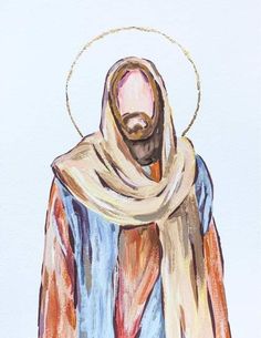 a watercolor painting of the face of jesus wearing a colorful robe and standing in front of a white background