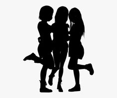 three girls standing next to each other with their arms around one another, silhouetted against a white background