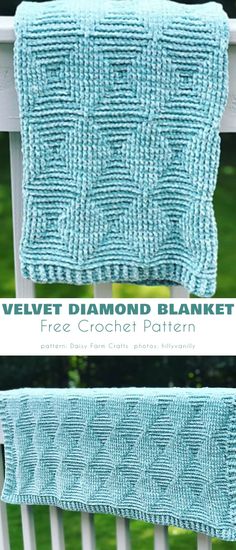 a crocheted blanket hanging on the side of a white chair with text overlay that says velvet diamond blanket free crochet pattern