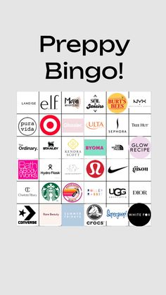 a poster with the words preppy bingo written in black and white, surrounded by many different logos