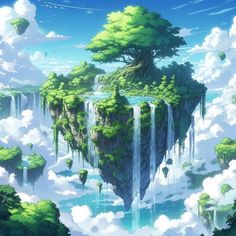 an island in the sky with waterfalls and trees on it, surrounded by clouds