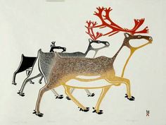 three reindeers are depicted in this hand drawn illustration, one is black and the other is red