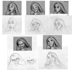 some drawings of different faces and expressions for the character's face, from an animation film