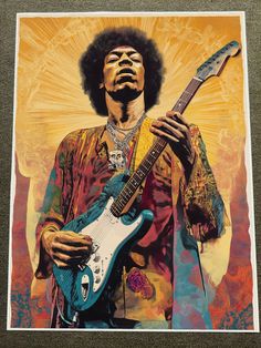 a painting of a man with an electric guitar