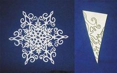 two paper snowflakes are shown on a blue background and one is cut out