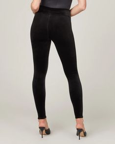 Get the coziest feel with a knockout look! Designed with our signature Power Waistband and soft velvet fabric, these leggings are the go-to for every soiree. Dress them up or dress them down—this style is a must for the season. Contoured Power Waistband offers tummy shaping and a perky rear view Center-seam free = no more camel toe Soft, velvet fabric that offers a body-skimming fit, flattering coverage and a super comfortable feel Inseam: 28" when worn Black Velvet Leggings, Soiree Dress, Velvet Leggings, Winter Party, Soft Velvet, Black Media, Rear View, Velvet Fabric, Black Velvet