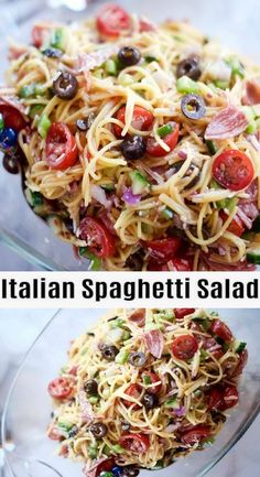 spaghetti salad with olives and tomatoes in a glass bowl