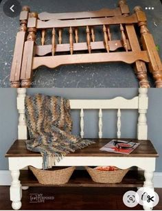 a wooden bench with baskets underneath it and a blanket on the seat next to it