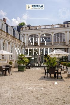 an advertisement for the epernay hotel in paris, with tables and umbrellas