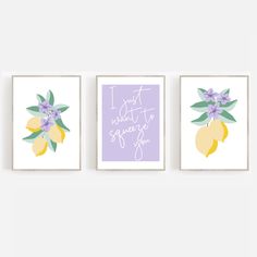 three lemons and lavender flowers are hanging on the wall in this set of three prints