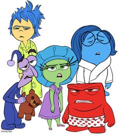 an image of three cartoon characters with blue hair and green eyes, one holding a teddy bear