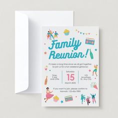 a family reunion card is shown with an envelope