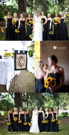 the bridesmaids are dressed in black dresses and sunflowers for their wedding