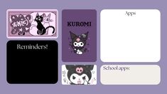 a purple background with black and white pictures on it, including an image of a cat