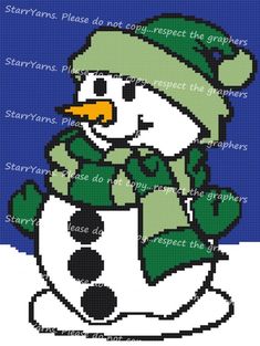 a cross stitch snowman with a green hat and scarf on it's head