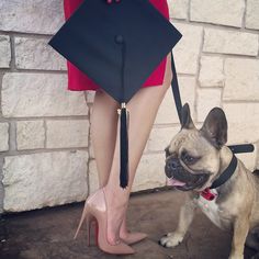 a small dog standing next to a woman wearing high heels