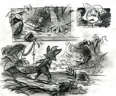 an image of a cartoon scene in black and white, with the rabbit running through the woods