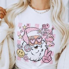 Brand New Women’s Disco Oversized Santa Tee Disco Ball Shirts, White Christmas Graphic Tee, Pink Graphic Print T-shirt For Holiday, Disco Style Graphic Print T-shirt, Pink Santa Shirt, Santa Tee, Color White, Womens Tops, Brand New