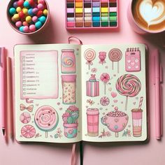 an open notebook with candy and candies on the pages, surrounded by other items