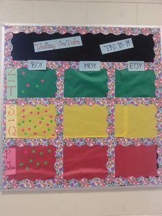 a bulletin board with different colored papers on it