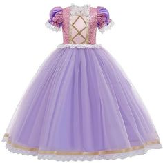 Gorgeous children baby girls sofia rapunzel princess dresses fairytale cosplay fancy dress up clothes for photo props. Beautiful design features a chic style for your princess and make your little fairy look so distinctive.  Features: Toddler little/big girls classical stunning princess sofia rapunzel style costume. A-Line, empire waist design, long sleeve, embellished with lace and ruched detail. It is prefect as Halloween dress up costume.  High Quality Material: Vintage junior girls sofia dress floor length ball gown made of polyester and tulle. The dress is friendly to skin, and bright colors. Soft and comfortable to wear.  Size: Flower girls wedding party sofia rapunzel fancy dress costumes suit for age 3-12 years old girls. Please check the actual measurement to pick right size. Ever Rapunzel Fancy Dress, Fairytale Cosplay, Dresses Fairytale, Lace Dress For Kids, Rapunzel Princess, Dress Up Halloween, Puffy Dresses, Fancy Dress Up, Christmas Birthday Party