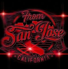 the san jose california logo is shown in red and black with sparkles on it