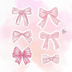 four pink bows are shown on a watercolor background