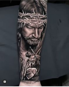 Rip Tattoos For Dad, Jesus Tattoo Sleeve, Christus Tattoo, Pieta Statue, Mother Mary Tattoos, Jesus Tattoo Design, Bicep Tattoo Men, Half Sleeve Tattoos Forearm, Inner Bicep Tattoo