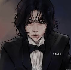 a drawing of a man in a tuxedo with long hair and dark eyes