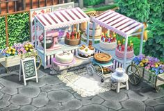 an animated image of a cake shop in the middle of some flowers and plants,