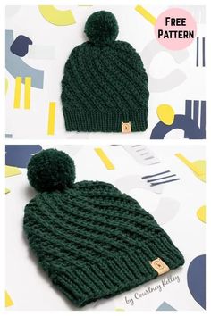 two photos of the same green knitted hat