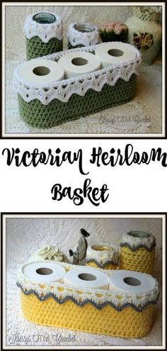 crocheted toilet paper holder with two rolls of toilet paper in it and the words, victorian heir basket