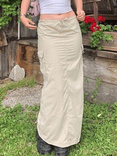 Y2K Drawstring Low Waisted Long Skirt Vintage Pocket Long Cargo Skirt - AnotherChill Long Cargo Skirt, Cargo Skirts, Long Skirt Casual, Streetwear Chic, Y2k Casual, Estilo Grunge, Maxi Rok, Ankle Length Skirt, Chic Skirts