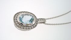 "HERE IS BEAUTIFUL HANDMADE PENDANT NECKLACE 14 KARAT WHITE GOLD AVAILABLE YELLOW OR ROSE GOLD TOO ASK ME PLEASE COMES WITH 16\" OR 18\" INCH CHAIN CENTER AQUAMARINE 1.10Ct !! CENTER IS BEZEL SET !! VERY SWEET AQUA COLOR & CLEAN AQUAMARINE CENTER SHAPE- OVAL CUT- VERY GOOD CLARITY- AAA COLOR- AQUA CARAT- 1.10ct MEASUREMENT- 8X6mm ALL ROUND & BELL 27 WHITE DIAMOND 0.25ct!! SI1 G COLOR TOTAL 1.35 CARAT FULL PAVE SET WITH MILLIGRAIN VERY CLEAN AND BRIGHT WHITE COLOR DIAMONDS RETAIL PRICE IS Exquisite Oval Diamond Necklace Hallmarked, Exquisite Oval Necklace With Single Cut Diamonds, Formal Hallmarked Oval Diamond Necklace, Oval Hallmarked Diamond Necklace In Fine Jewelry Style, Hallmarked Oval Diamond Necklace In Fine Jewelry Style, Oval Halo Setting Necklace For Formal Occasions, Exquisite Oval Necklace With Halo Setting, Oval Diamond Necklace With 17 Jewels For Anniversary, Exquisite Oval Halo Setting Necklace