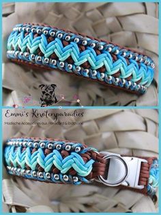 two pictures of a dog collar made with blue and brown braiding