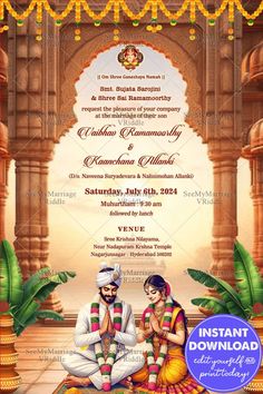 The beautiful Telugu wedding invitation elegantly captures the essence of traditional nuptials with its depiction of a couple in prayerful pose against a backdrop of a majestic temple. The design incorporates classic elements such as marigold garlands, sacred banana leaves, and a serene temple architecture, setting a perfect tone for a spiritual and cultural celebration.  #TeluguWedding #TraditionalInvites #TempleWedding #CulturalWedding #IndianWeddingInvitation #SpiritualCeremony #RegalWeddingCard #HeritageCelebration #WeddingSeason #ElegantInvitation Couple Background, Traditional Couple, Indian Invitation, Indian Invitations, Temple Architecture, Temple Wedding