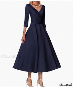 Olivia Mark - Elegant Ensemble for Hostesses Dark Blue Dress Outfit, Blue Dress Outfit, Loungewear Dress, Formal Wear Women, Deep V Neck Dress, Dress Collar, Navy Outfit, Dark Blue Dress, Formal Style