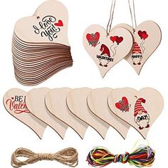 heart shaped wooden tags with string and twine for decoration, set of 10 pieces